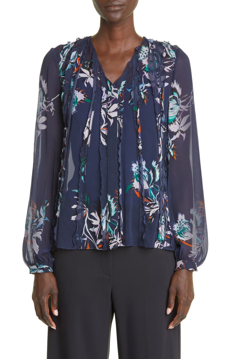 Jason Wu Collection Floral Crinkle Silk Chiffon Blouse, Main, color, Navy Lilac Multi