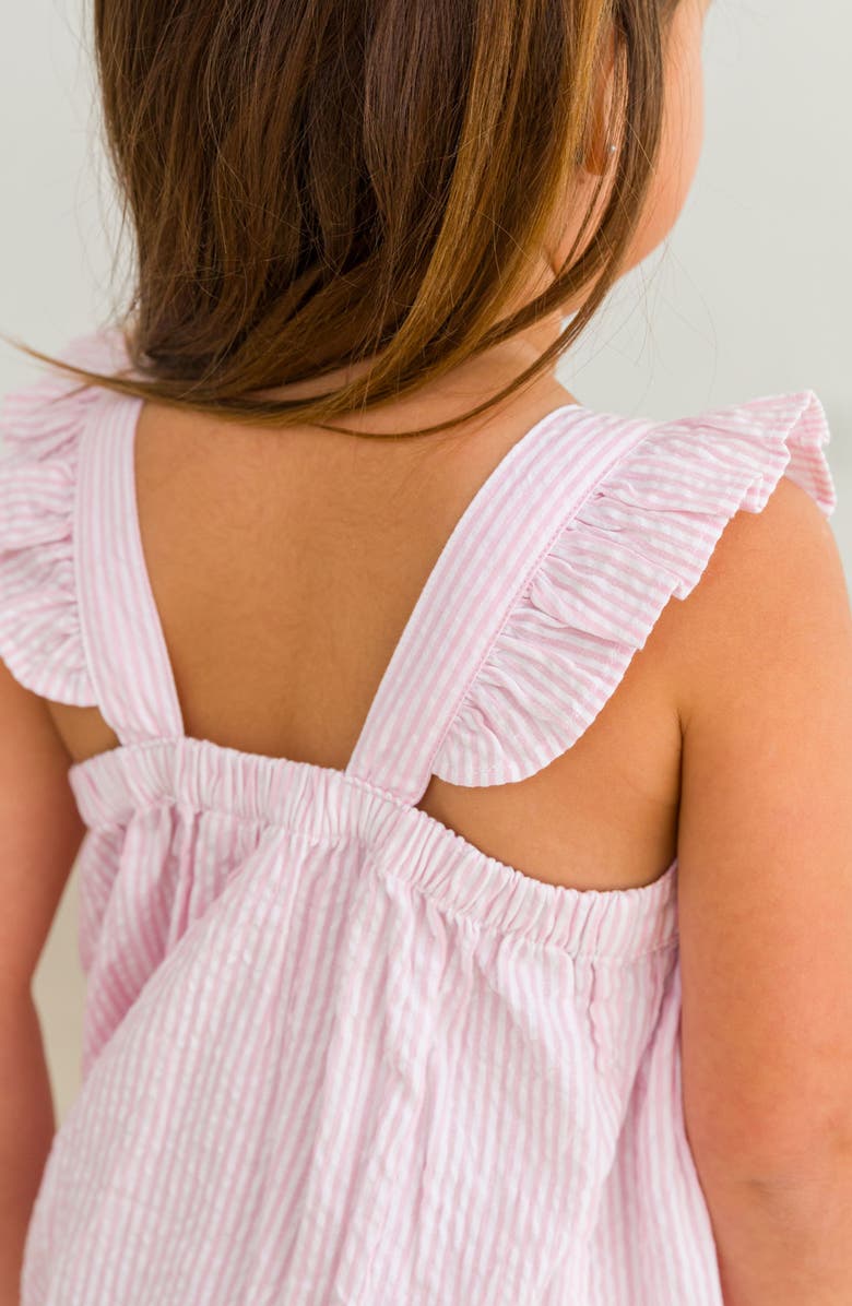 RuffleButts Bow Front Seersucker Pinafore Dress, Alternate, color, Pink