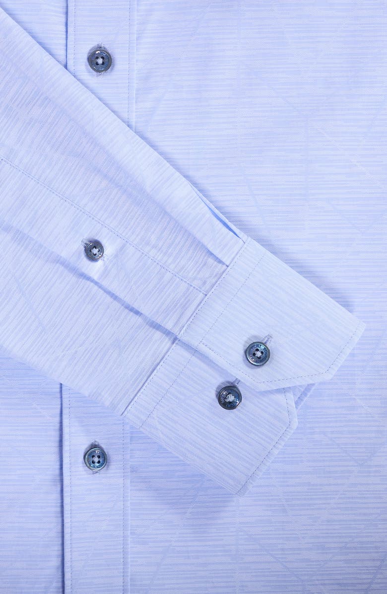 Bugatchi Julian Shaped Fit Abstract Stripe Stretch Cotton Button-Up Shirt, Alternate, color, Sky