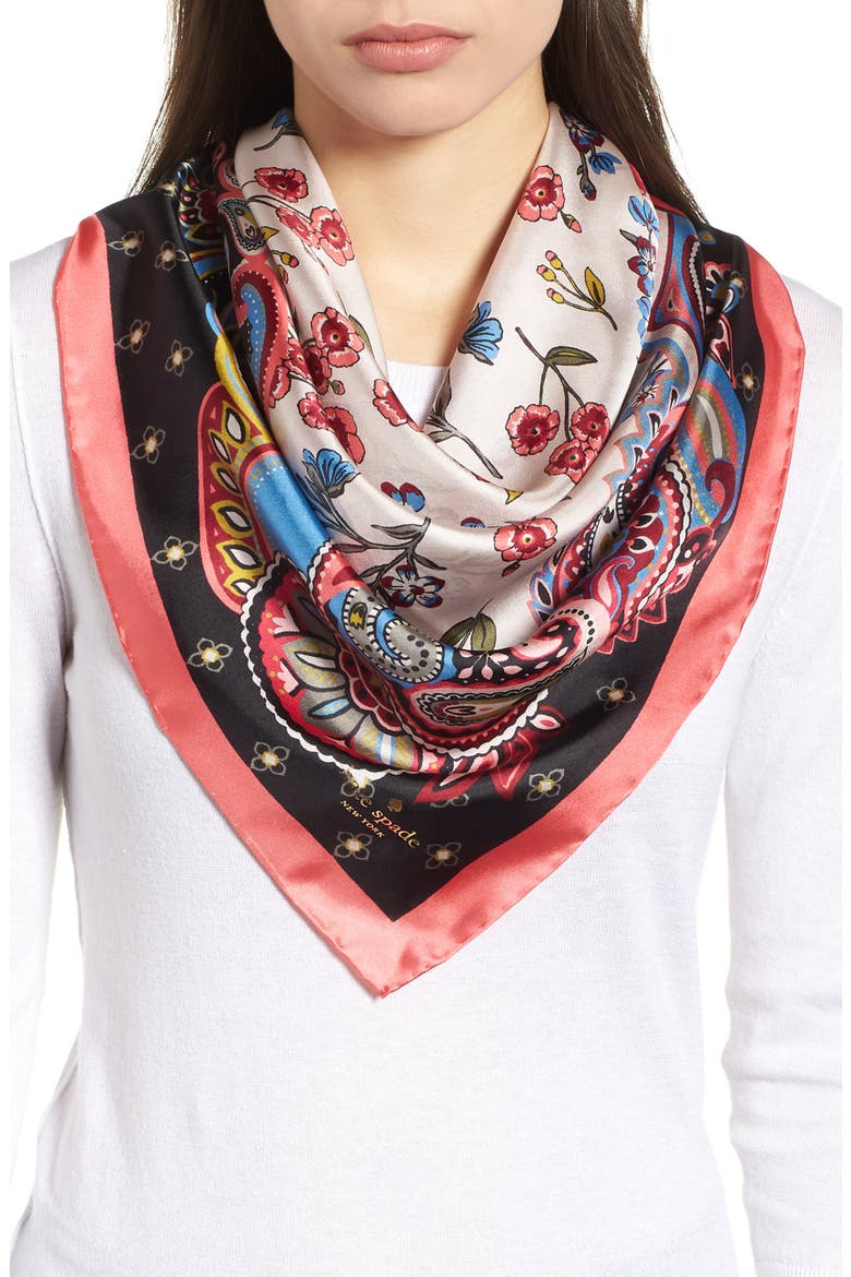 framed meadow silk square scarf, Main, color, BLACK