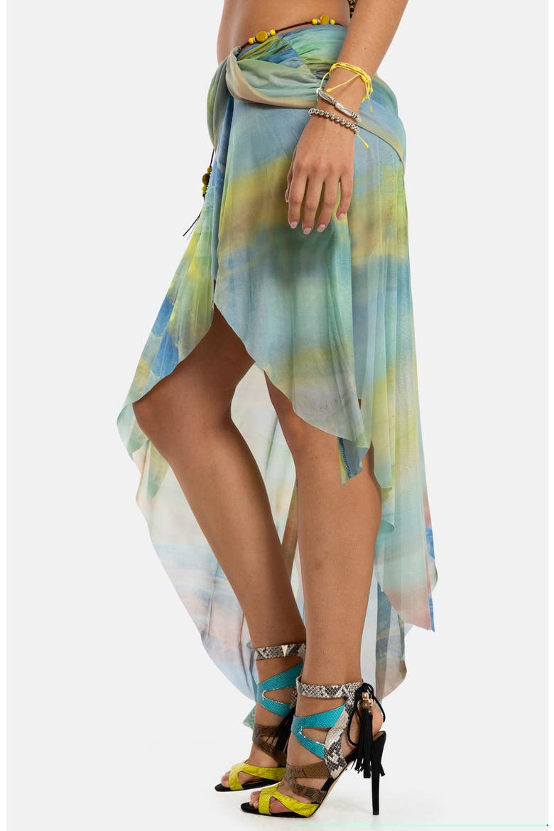 Beaded Belt Abstract Print Asymmetric Mesh Skirt, Alternate, color, MULTI