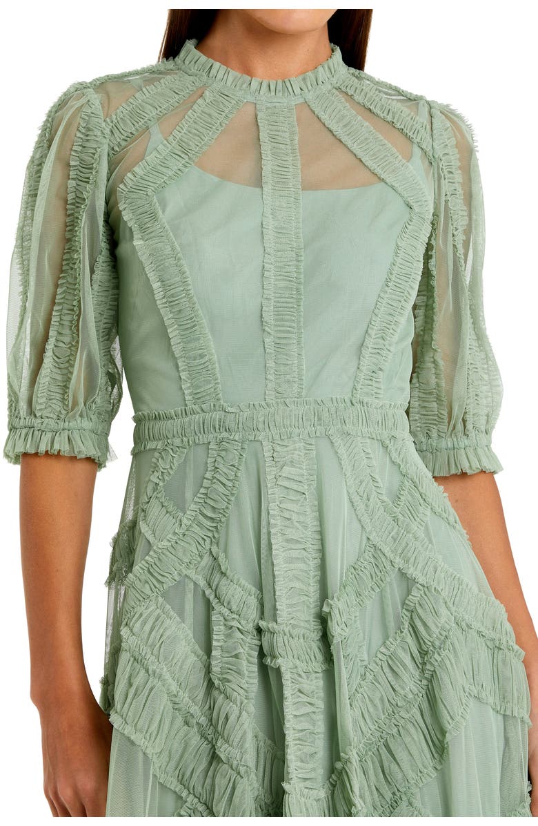 Mac Duggal Petite Illusion High Neck Tiered Ruffle A-Line Midi Dress, Alternate, color, Jade