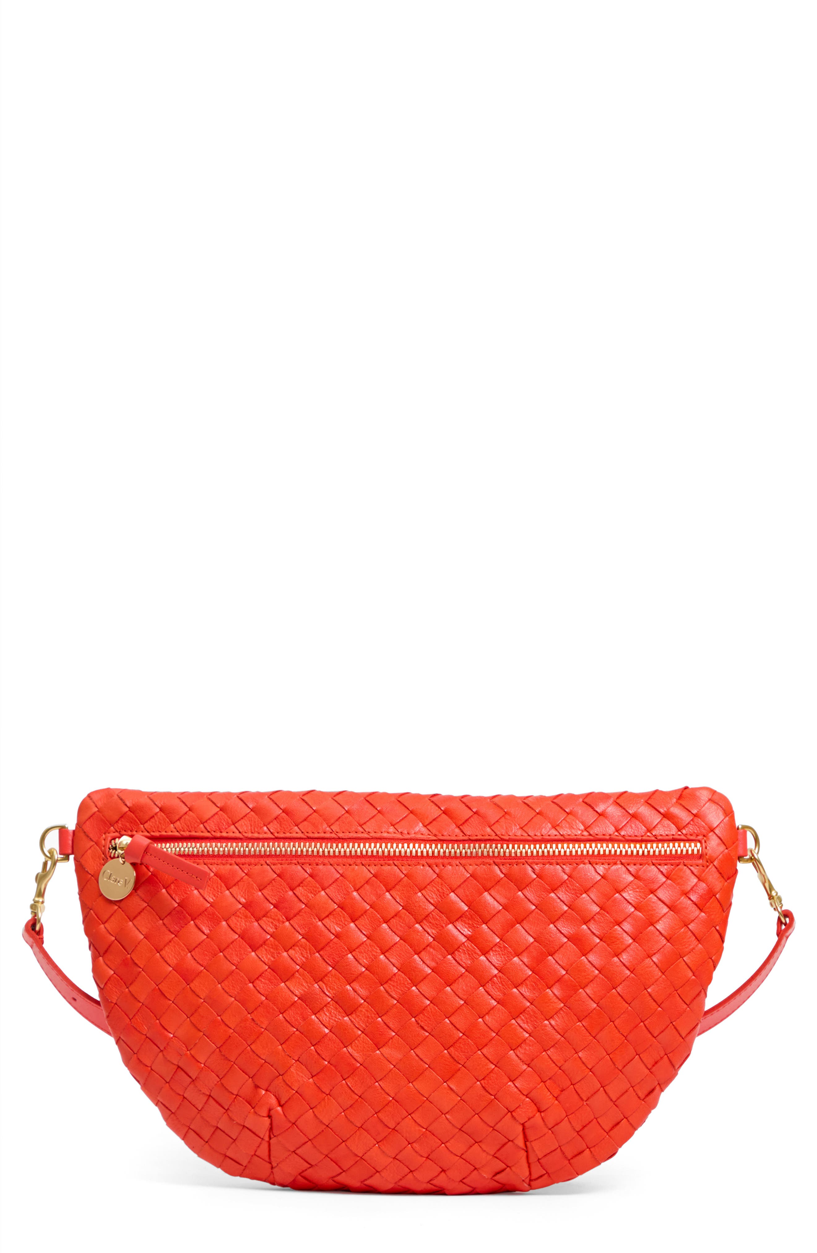 Clare V. Grande Woven Leather Belt Bag, Main, color, Bright Poppy