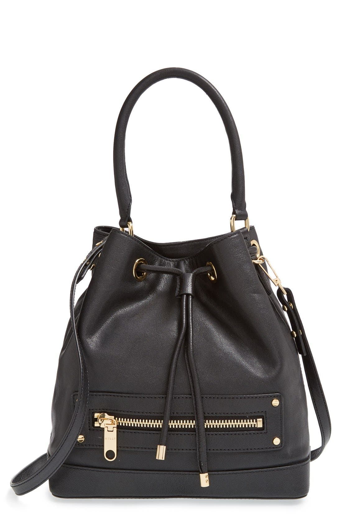 'Riley' Leather Bucket Bag, Main, color, BLACK