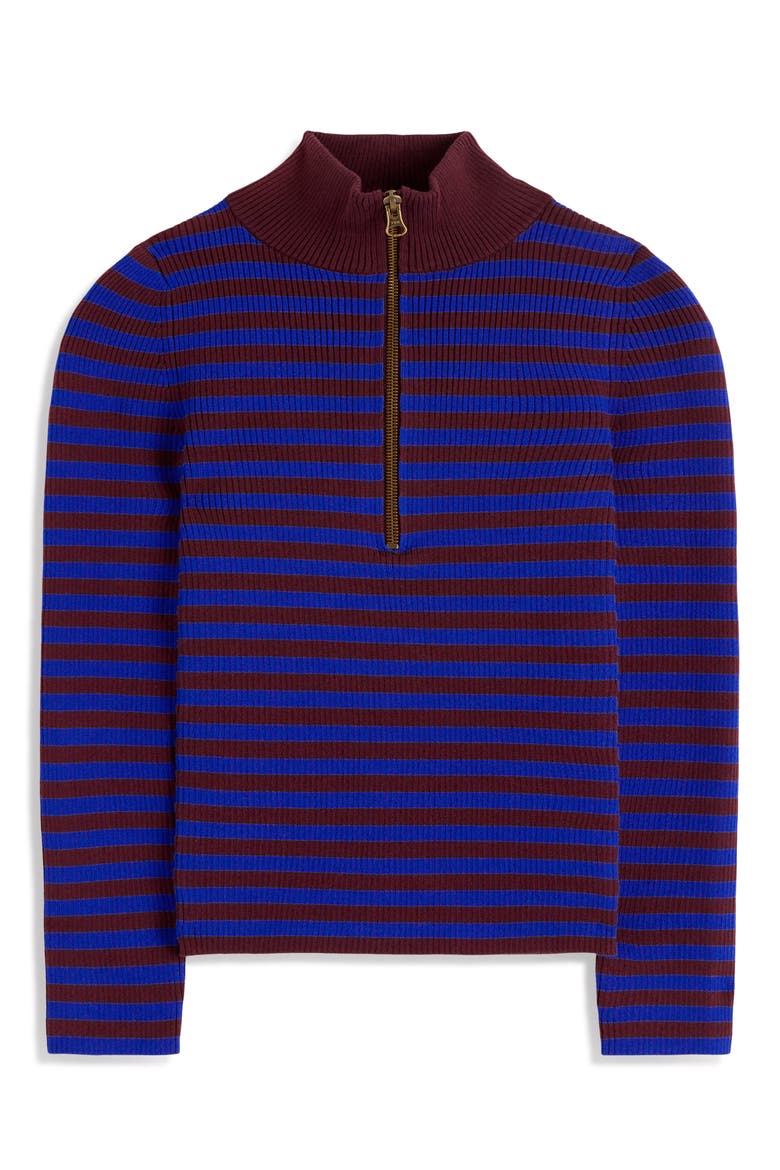 Zelda Ribbed Half Zip Sweater, Main, color, BRIGHT BLUE, CHESTNUT STRIPE