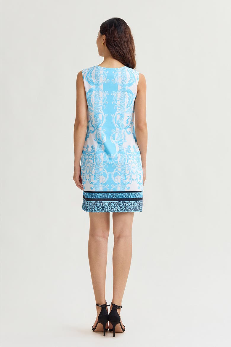 Filigree Printed Lined Stretch Deco Crepe Sheath Dress, Alternate, color, Serene/White/Black