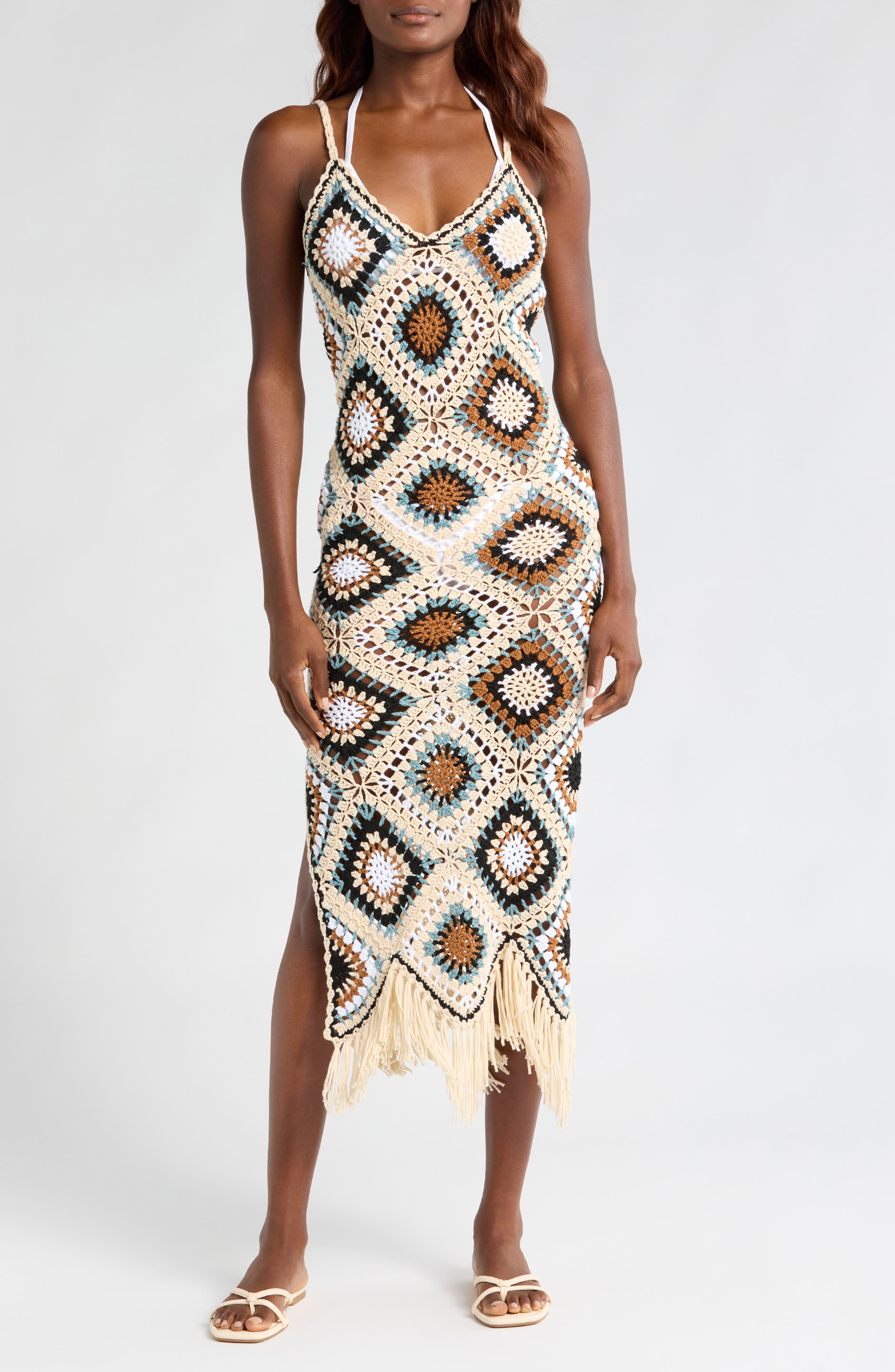 Elan Crochet Maxi Cover-Up Dress in White Multi 