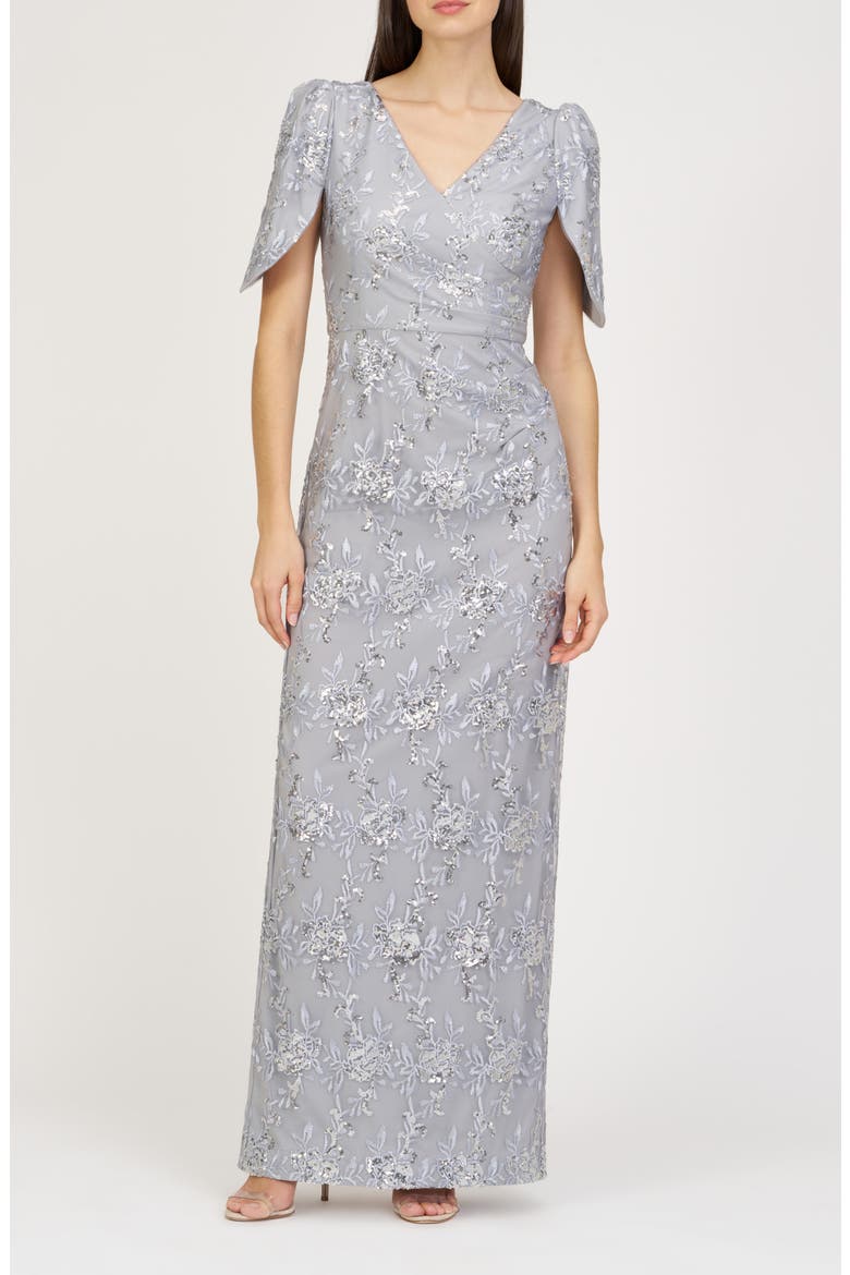 Elena Floral Embroidered Column Gown, Main, color, SILVER