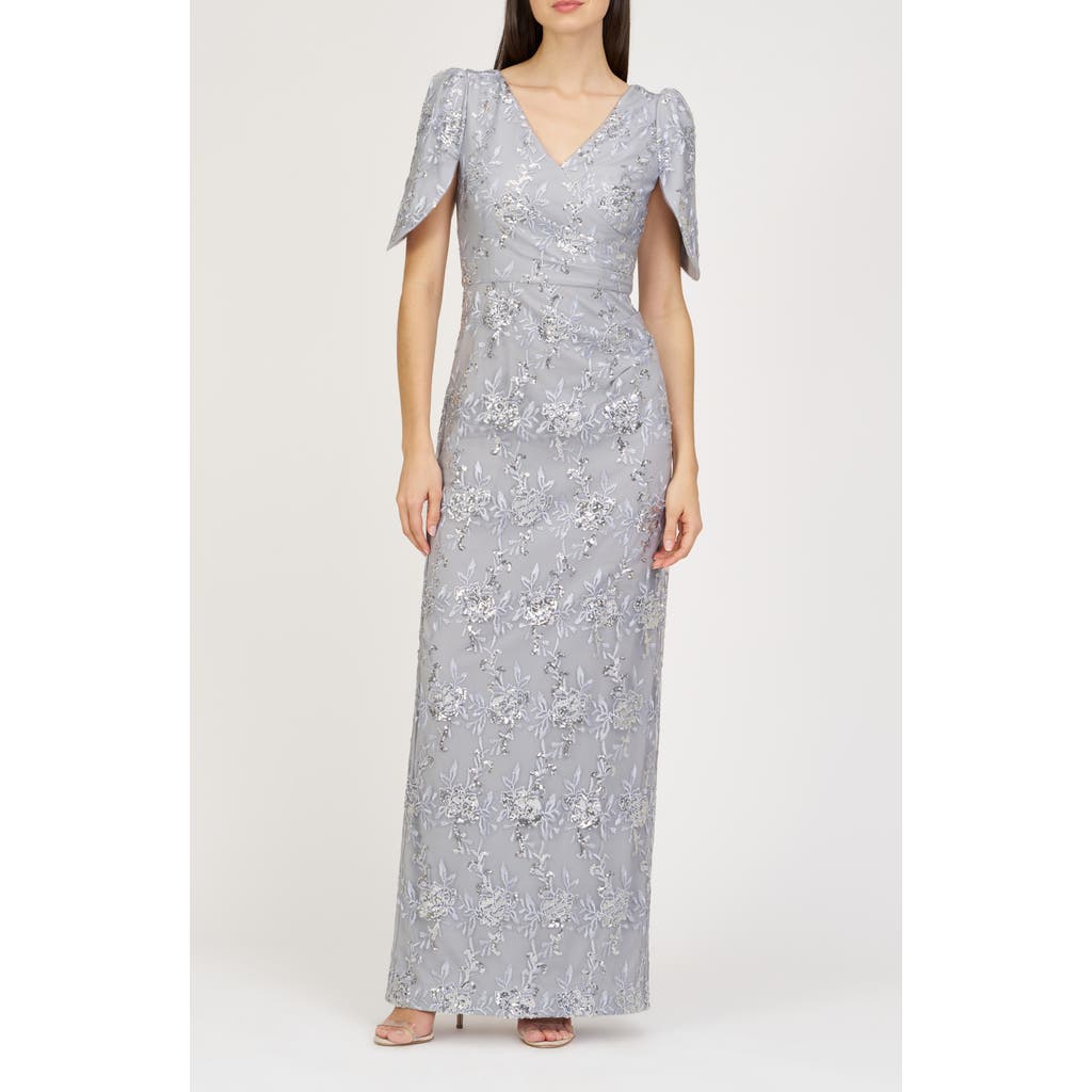 JS Collections Elena Floral Embroidered Column Gown in Silver  product