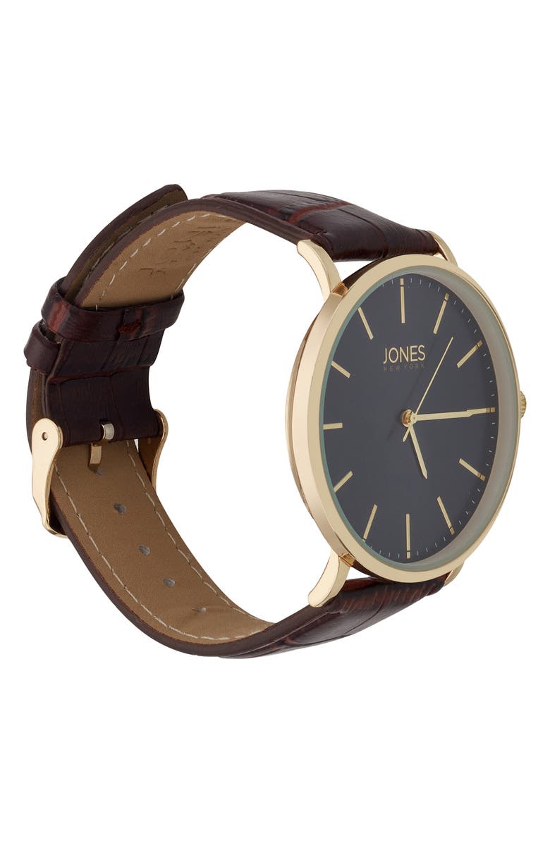 Jones New York Three Hand Quartz Croc Embossed Leather Strap Watch, 44mm, Alternate, color, Brown