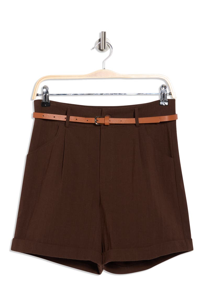 Belted Pleated Front Stretch Cotton Shorts, Alternate, color, ESPRESSO
