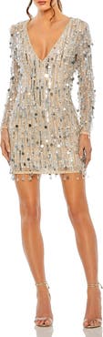 Mac Duggal Beaded Fringe Detail Dress with Plunging Neckline and Long Sleeves