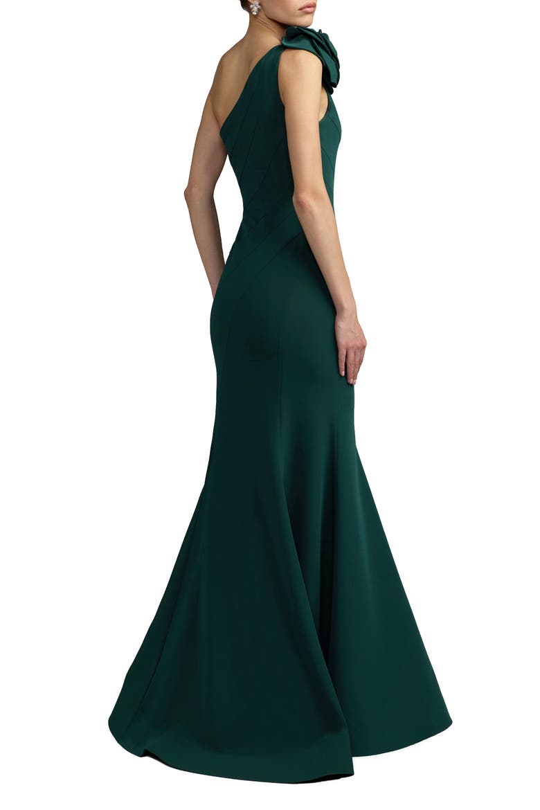 Crepe One Shoulder 3D Flower Mermaid Gown, Alternate, color, Emerald