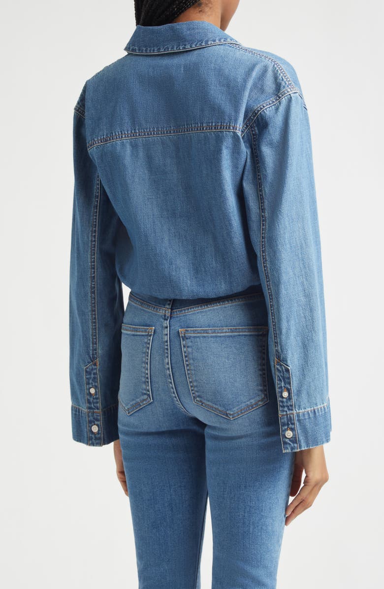 Veronica Beard Timothy Crop Twist Button-Up Denim Shirt, Alternate, color, Ripple Haze