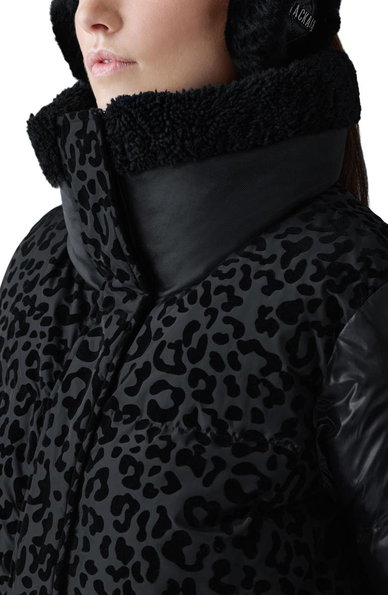 Mackage Lydana Leopard Pattern Down Jacket with Genuine Shearling Trim and Removable Bib, Alternate, color, Black-Black