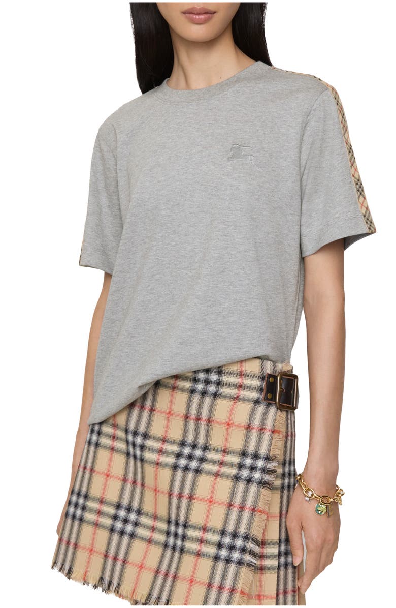 Burberry Check Trim Cotton T-shirt, Main, color, Pale Grey Melange