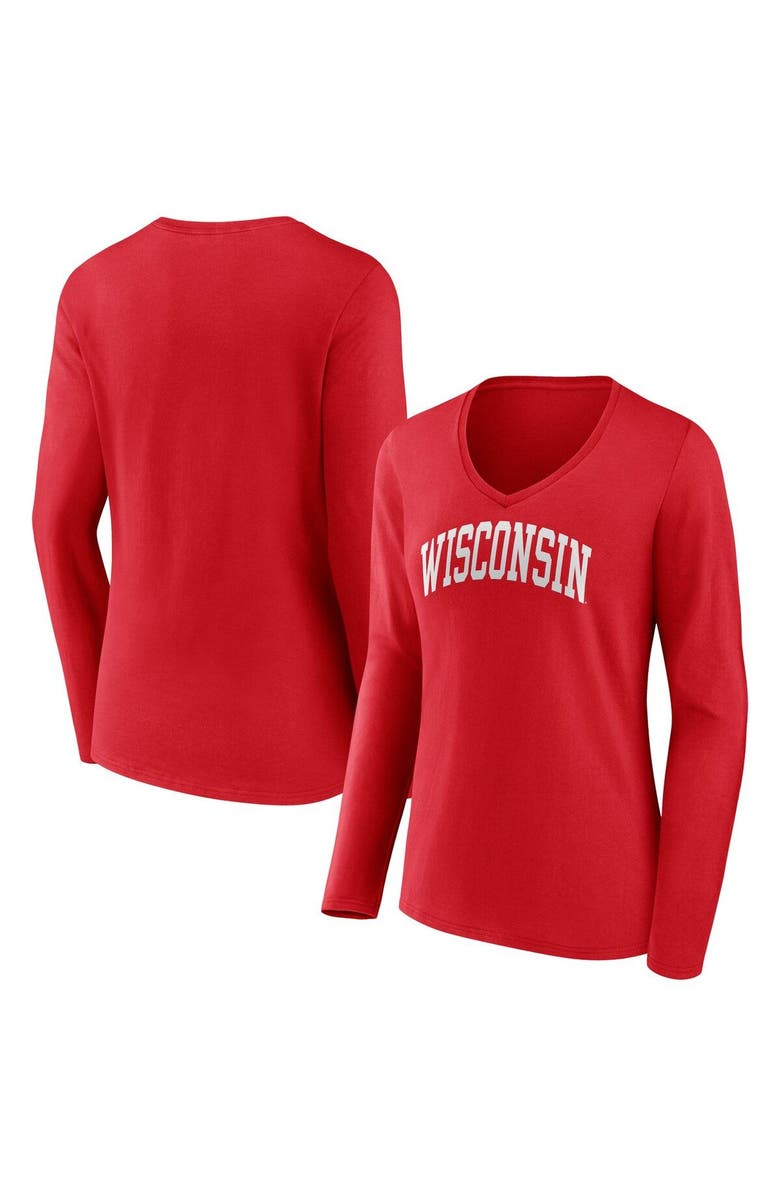 FANATICS Women's Fanatics Branded Red Wisconsin Badgers Basic Arch Long Sleeve V-Neck T-Shirt, Main, color, 