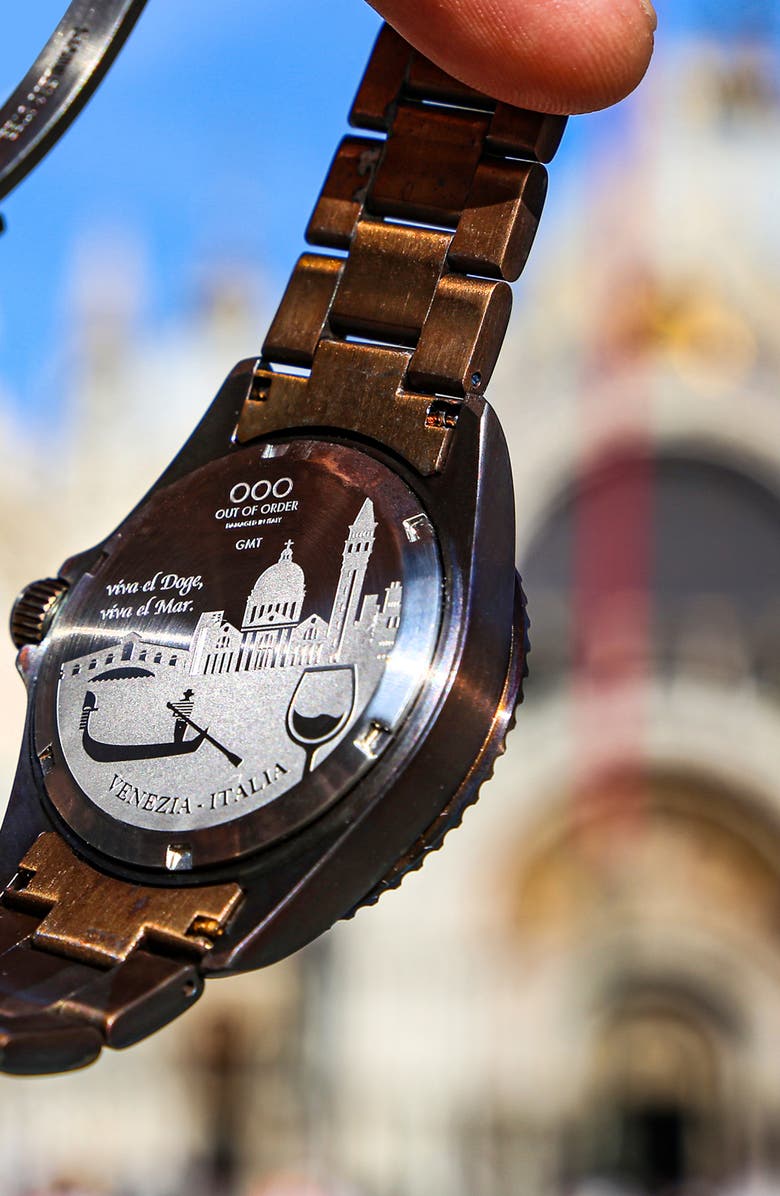 OUT OF ORDER Swiss Movement GMT Tokyo Shibuya Ultra Brushed Bracelet Watch, 44mm, Alternate, color, Black/ Light Green