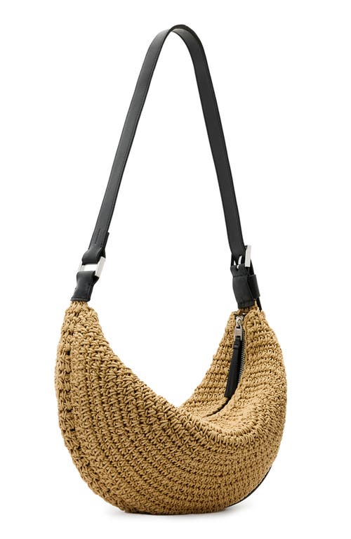 Allsaints Half Moon Straw Textured Shoulder Bag In Natural Brown