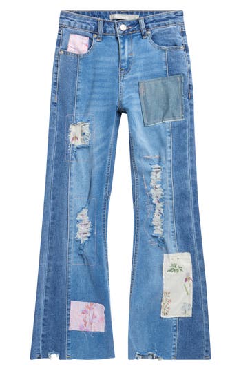 Tractr Kids' Mix Patchwork Flare Leg Jeans In Blue