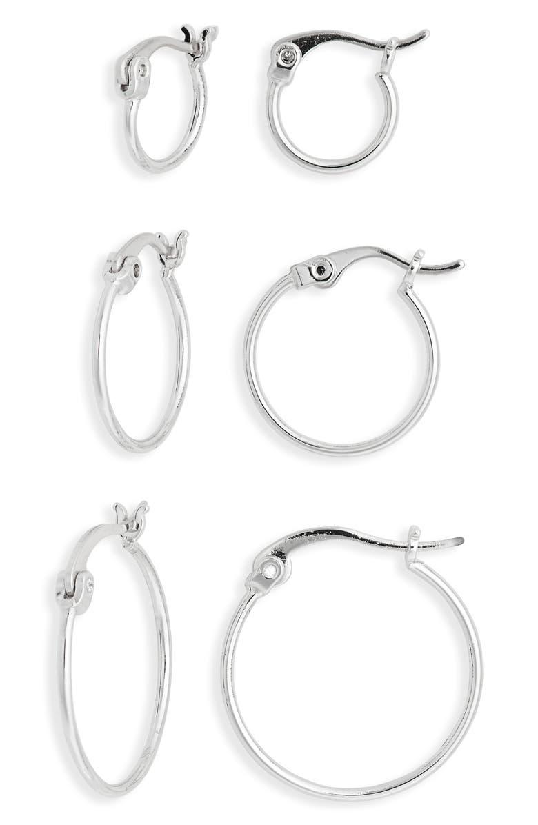 NORDSTROM RACK Set of 3 Demi Fine Hoop Earrings, Main, color, Silver