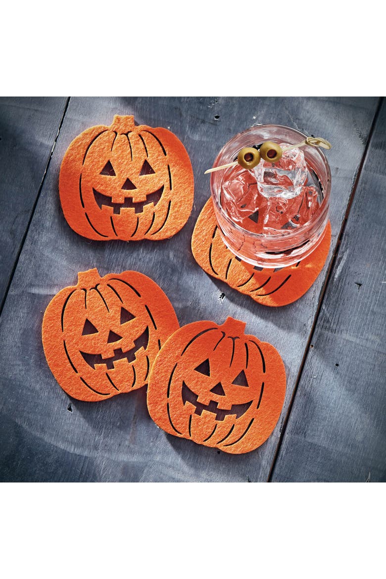 Jack-O-Lantern Coaster Set Halloween Decor Orange Polyester, Alternate, color, Orange