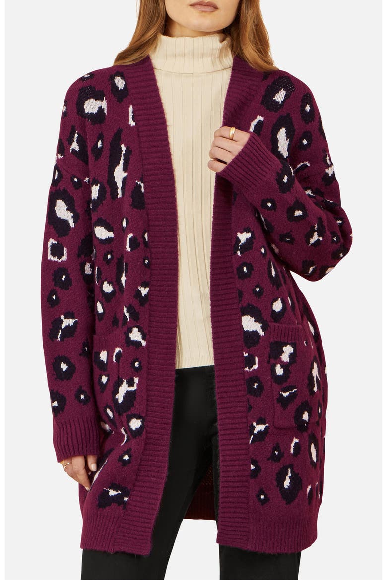 Animal Intarsia Long Cardigan, Alternate, color, Burgundy