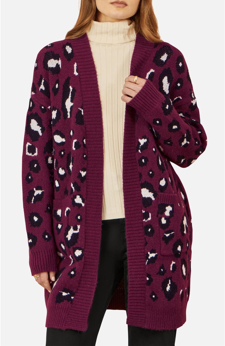Yumi Animal Intarsia Long Cardigan, Alternate, color, Burgundy
