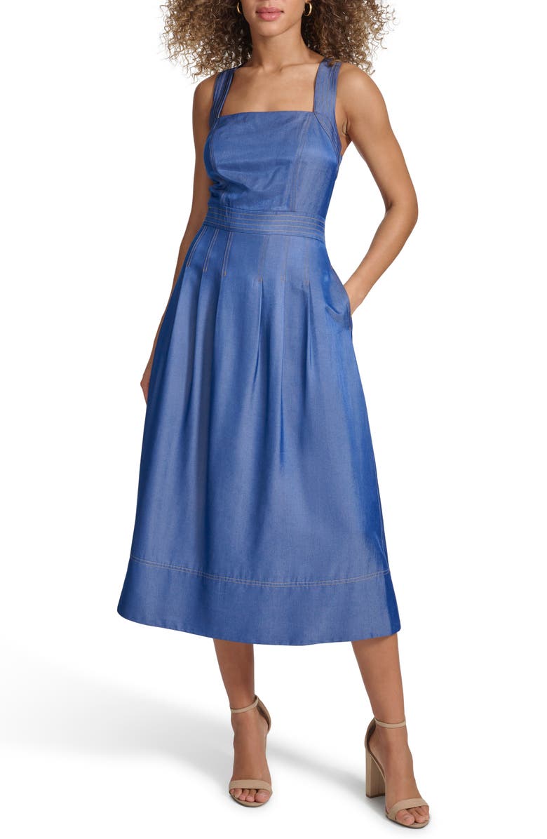 Kensie Embroidered Denim Midi Dress, Main, color, 