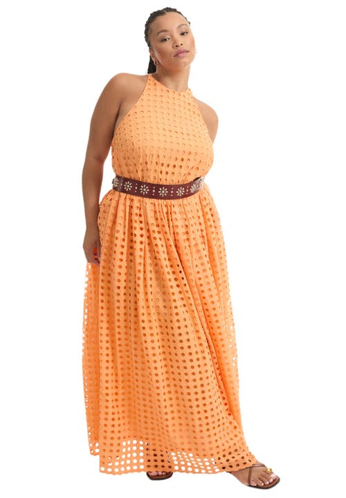 June + Vie Halter Eyelet Maxi Dress In Orange
