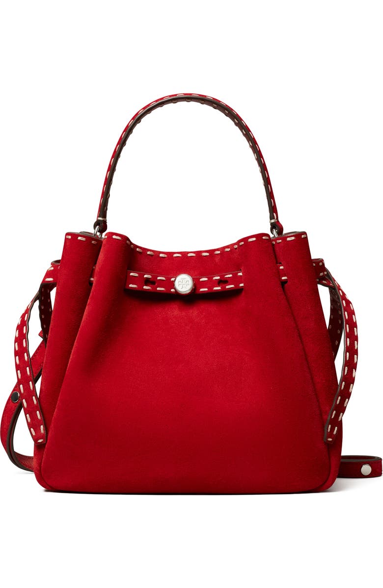 Tory Burch Romy Suede Bucket Bag, Main, color, Red