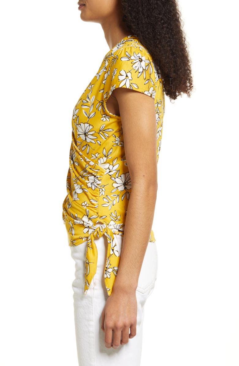 Loveappella Floral Print Faux Wrap Top, Alternate, color, Sunflower