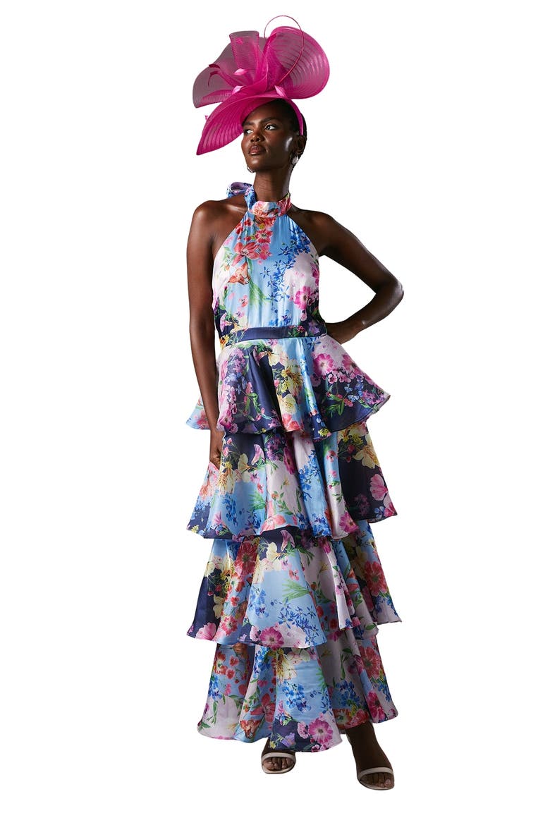 Cross Neck Printed Frill Skirt Dress, Main, color, Navy