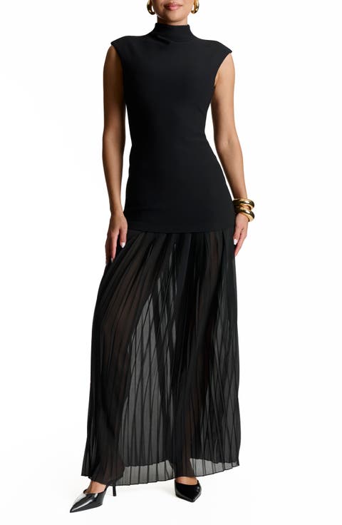 Funnel Neck Mixed Media Maxi Dress