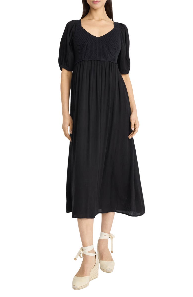 The Good Journey Mixed Media Midi Dress, Main, color, Black