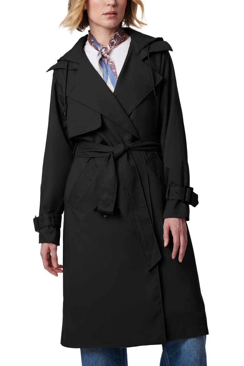 Double Breasted Hooded Trench Coat, Alternate, color, BLACK