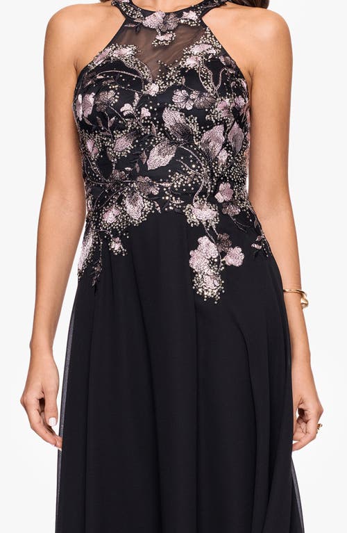 Betsy & Adam Floral Sequin Embroidered Gown In Black