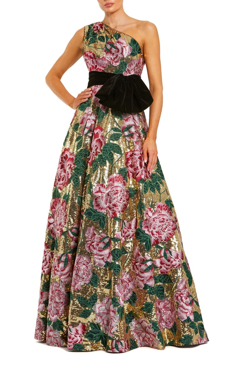 One Shoulder Sequin Ballgown With Velvet Bow, Main, color, Gold Multi