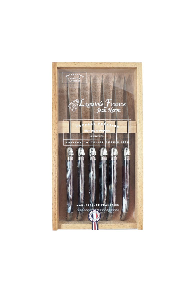 6 Piece Steak Knife Set, Platine Marble in Wood Box with Acrylic Lid, Main, color, Black