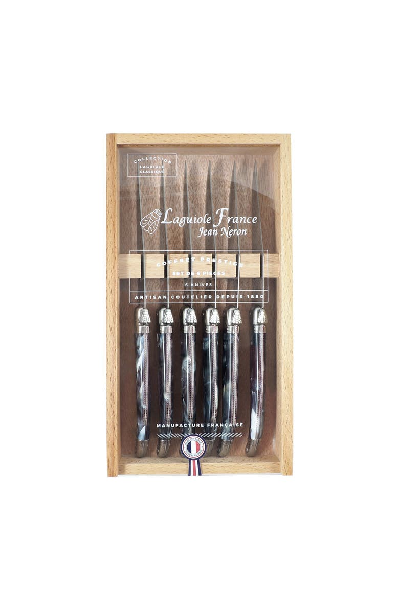 Be Home Laguiole 6 Piece Steak Knife Set, Platine Marble in Wood Box with Acrylic Lid, Main, color, Black
