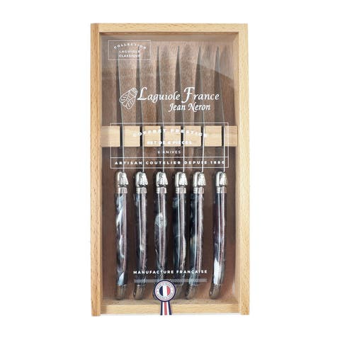 Laguiole 6 Piece Steak Knife Set, Platine Marble in Wood Box with Acrylic Lid