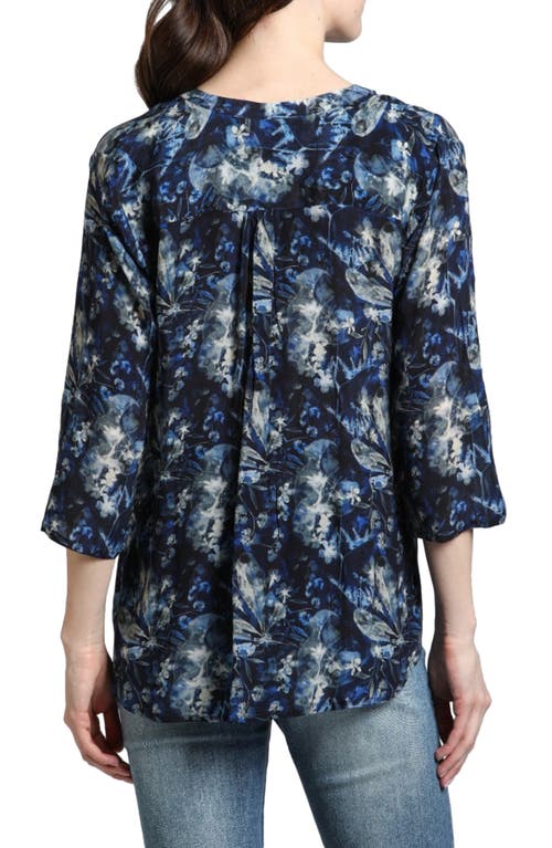 Apny Print Tassel Split Neck Chiffon Top In Navy Blue Multi