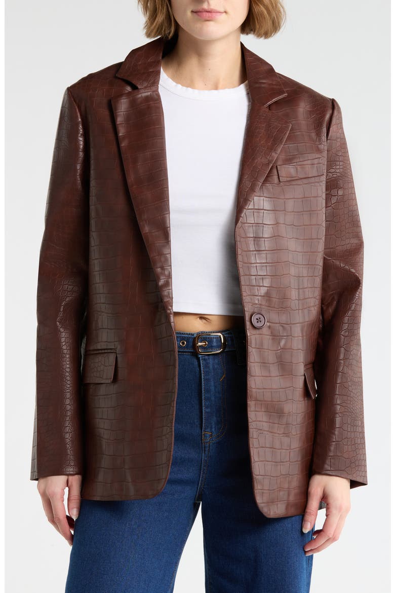 Croc Embossed Faux Leather Blazer, Main, color, CHOCOLATE