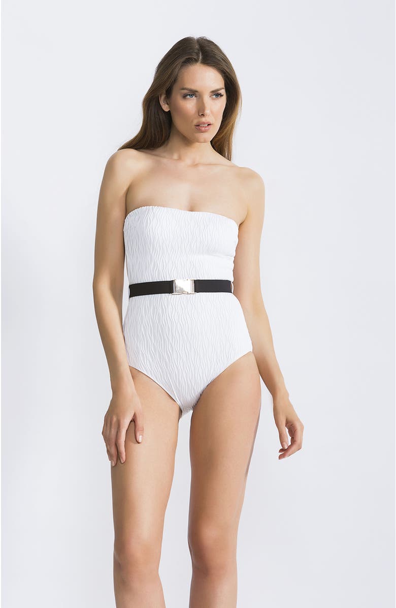 NESSI BYRD Strapless Textured  with Waist Belt One-Piece Swimsuit, Main, color, White