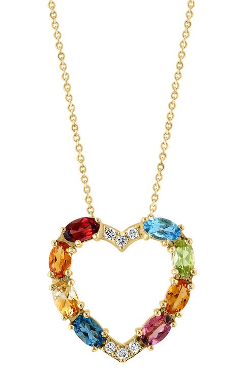 14K Gold Mixed Gem Heart Pendant Necklace