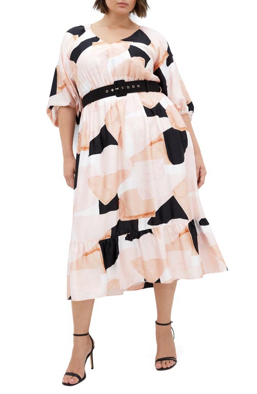City Chic Betty Belted Midi Dress in Playful Pink/Coral Multi 