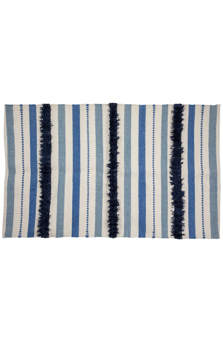 Northlight 3.5' x 2.25' Blue, Cream and Black Striped Handloom Woven Outdoor Accent Throw Rug, Main, color, Blue