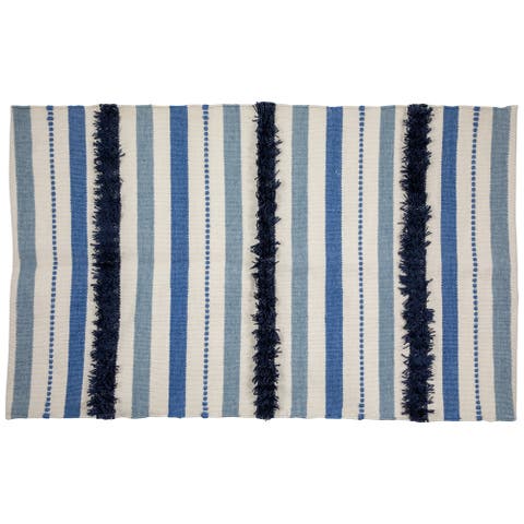 3.5' x 2.25' Blue, Cream and Black Striped Handloom Woven Outdoor Accent Throw Rug