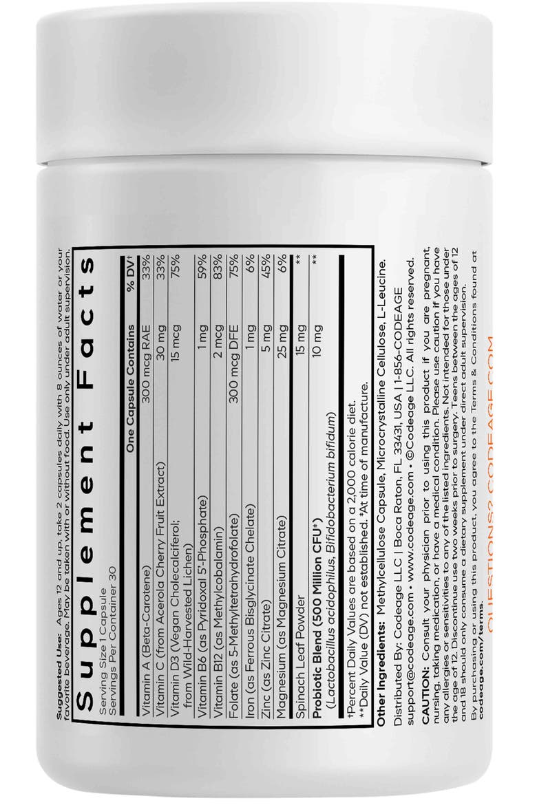 Teen Multivitamin, Vitamins A, C, D3, B6, B12, Iron, Zinc, Probiotics, Spinach Leaf, Alternate, color, white