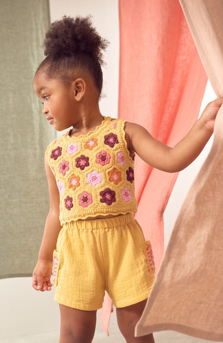 NEXT Kids' Floral Crochet Top & Cotton Gauze Shorts Set, Alternate, color, Yellow Multi